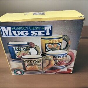 4 Vintage 3-D Graphics, Ceramic Coffee Mug Houston Harvest Vegetable Garden NOS